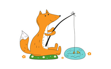 Fox fisherman. Cute fox catches fish by the lake. Animal, fishing. World Fisheries Day. Doodle, drawing. Vector illustration on white isolated background.