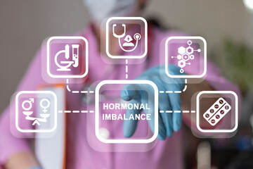 Gynecologist using virtual touch screen presses inscription: HORMONAL IMBALANCE. Hormonal imbalance...