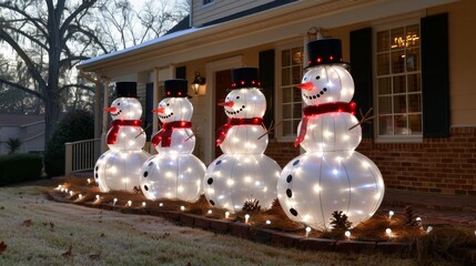 Create a charming winter garden with illuminated snowmen, sparkling snowflakes, and whimsical light-up figures scattered throughout.