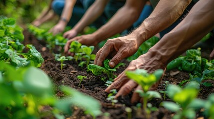 Community garden with diverse people planting vegetables. Focus on hands in the soil and plants growing.