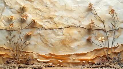 Paper cutout of a dry, cracked earth scene with wilted plants, highlighting the effects of drought and climate change.