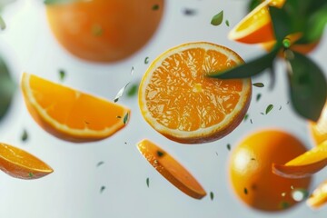  Orange fruits and slices of orange fruit levitating in air 