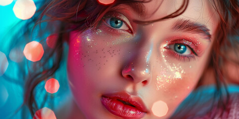 A Portrait of Sparkle: A Womans Face Illuminated by Festive Lights