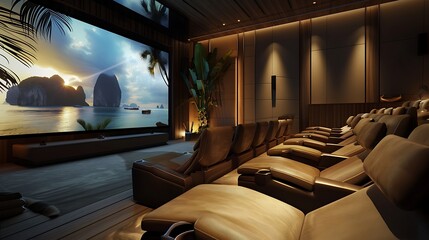 luxury cinema room with a smart projection system that adjusts image clarity and brightness based on the number of viewers and ambient light