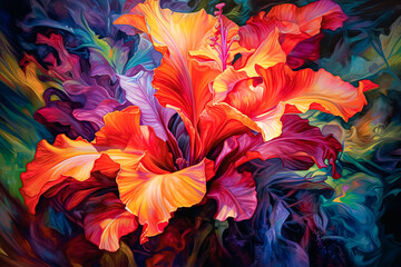 A painting of a flower with a bright orange center and a colorful background