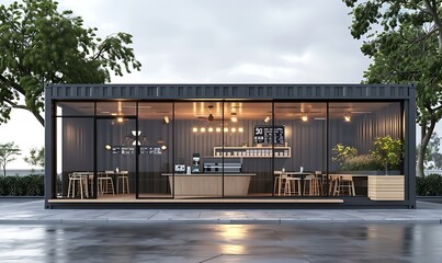 Naklejka premium Minimalist Container Café 3D Illustration with Clean Lines, A sleek, minimalist 20ft container café with a focus on simplicity and elegance