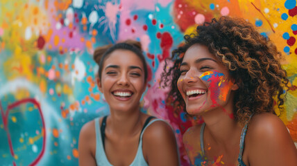 two women smiling and laughing in front of a colorful painting