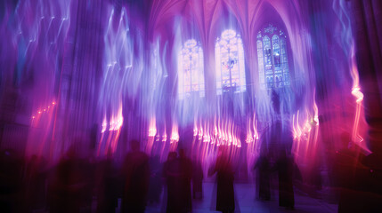 Obraz premium blurred found photograph of violet light and glowing choir in cathedral