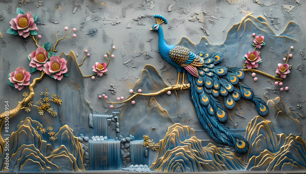 Wall mural colorful volumetric peacock bird stucco molding on a concrete wall with golden elements, japanese la