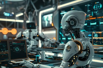 Fototapeta premium Futuristic workspace with ai and robotic support for advanced operations in a high tech setting