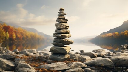 Obraz premium A cairn of rocks stacked up in the foreground, with a river and autumnal trees in the background.