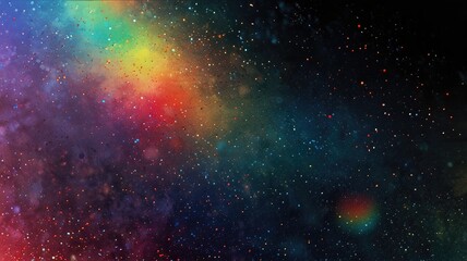 Warm, vibrant, rainbow-colored light escapes in blurs On a black background with a dusty texture. A defocused, abstract, scratched, retro film analog effect that can be used as a screen filter or over