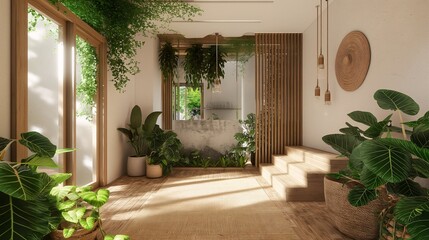 Serene indoor garden space with natural light streaming through the windows, lush green plants, and minimalist design elements.