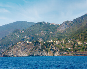 Summer Corniglia view from excursion ship, Cinque Terre, Italy