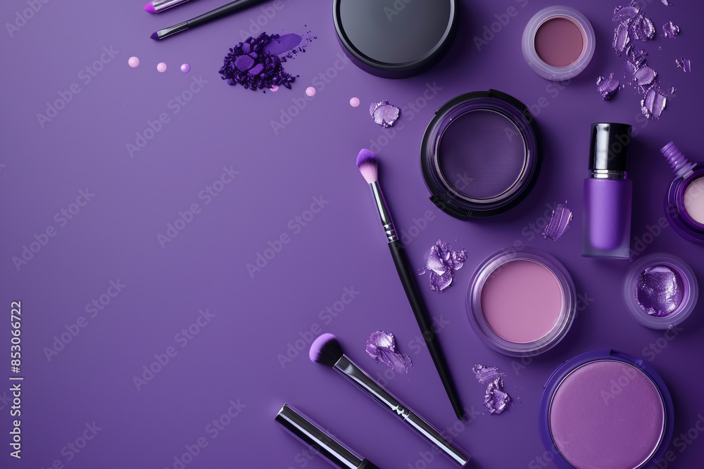 Wall mural View of cosmetic products, makeup equipment on purple background