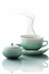 Side view of a sleek herbal tea set, minimalistic design, glossy porcelain, photorealistic lighting, steam rising gently, calming green and white tones