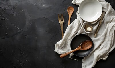 Minimalist Kitchen Scene White Table, Tablecloth, and Utensils from Above, Clean and simple top view of a black table with a classic tablecloth and modern utensils