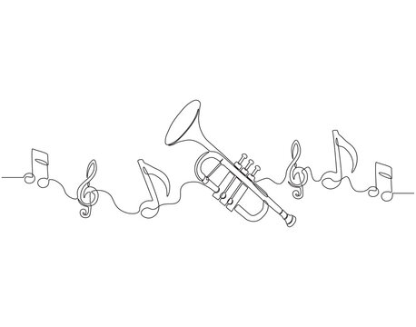 recommend clip art: Continuous one line drawing of trumpet. One line drawing illustration of trumpet. Musical instrument concept singe line. Editable outline.