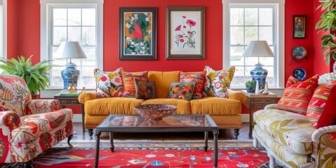 A vibrant living room demonstrating color drenching, with bold red walls, matching furniture, and striking decor