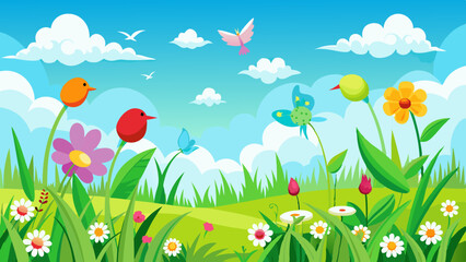 spring-green-grass--flowers--flying-birds--blue-sk