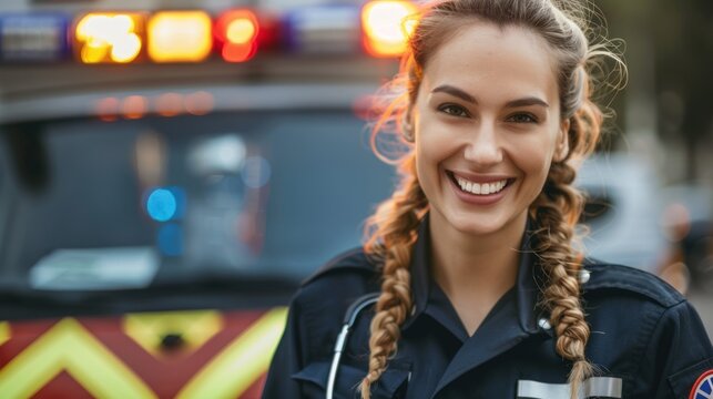 A female paramedic with a stethoscope around her neck is smiling in front of an ambulance.
