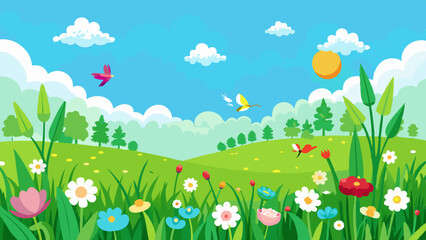 spring-green-grass--flowers--flying-birds--blue-sk