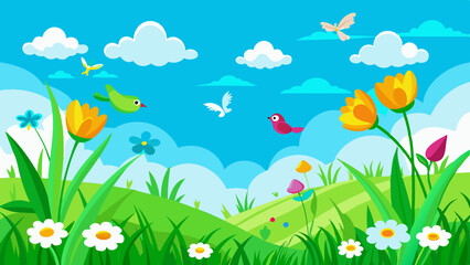 Fototapeta premium spring-green-grass--flowers--flying-birds--blue-sk