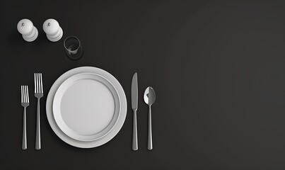 Minimalist Kitchen Scene White Table, Tablecloth, and Utensils from Above, Clean and simple top view of a black table with a classic tablecloth and modern utensils