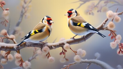 Fototapeta premium Two colorful goldfinches are sitting on a tree branch with small flowers. The background is blurred, creating a soft focus effect.