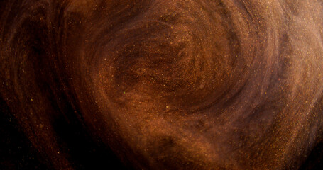 Glitter mist. Ink swirl. Defocused brown bronze golden color vapor cloud shiny particles texture...