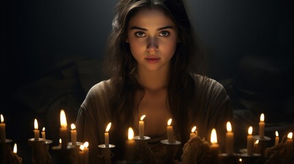 A woman with long brown hair is surrounded by lit candles. She is wearing a brown robe and looking directly at the camera. The candles are lit and casting a warm glow around her.