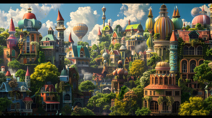 Obraz premium A whimsical cityscape with fantastical architecture.