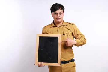 Wow and amazed expression of Indonesian government employees while pointing blank black board