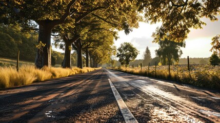 Obraz premium A country road with trees on both sides and grass on the side of the road.