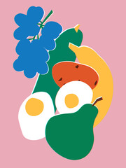 Thematic art collage with a background featuring elements of food and drinks.