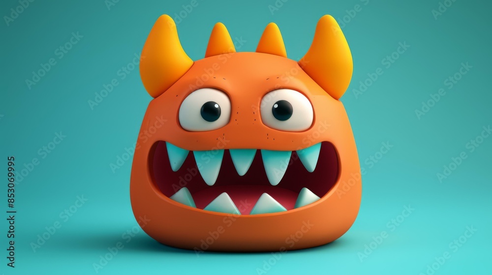 Poster 3D illustration of an orange cartoon monster with three horns and a toothy grin. AI.