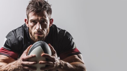 A male rugby player holds a rugby ball in front of his chest. He has a beard and spiky hair. He is wearing a black jersey with red sleeves and white shorts. The background is white.