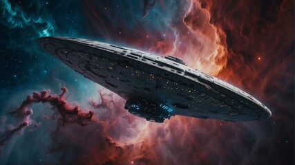 Naklejka premium The spaceship is flying in the outer space. AI.