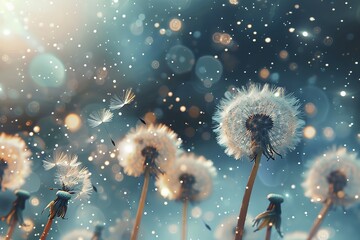 Dandelion seeds flying in the air with glowing bokeh background