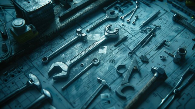 A collection of tools arranged on a blueprint. AI.