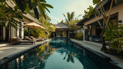 Luxury villa with bedroom open view on swimming pool in Bali