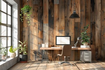 Modern home office with wooden wall, desk, and plants