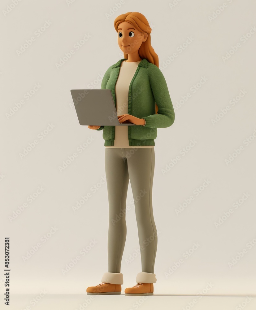 Wall mural 3D illustration of a young woman standing while using a laptop. AI.