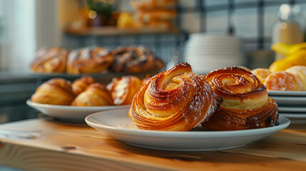 Closeup of freshly baked pastries in a kitchen