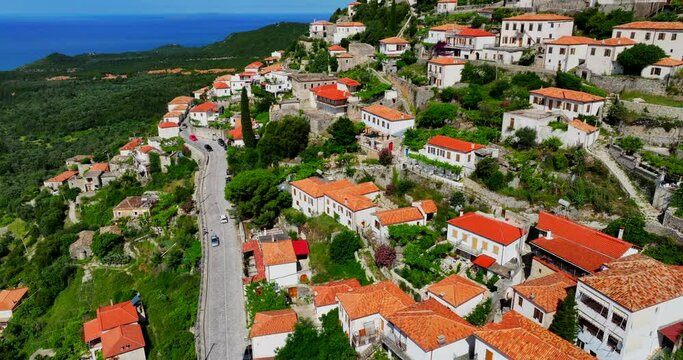 Aerial view of Vuno, a small village with traditional Albanian houses in southern Albania. 