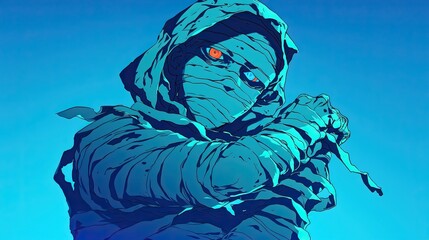 Mummy Wrapped in Bandages with Vibrant Cyan Backdrop