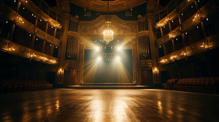 Wide shot of an Empty Elegant Classic Theatre with Spotlight Shot from the Stage. Well-lit Opera House with Beautiful Golden Decoration Ready to Recieve Audience for a Play or Ballet Show