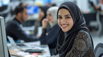 Portrait of a mixed race woman in a black suit, modern office working on computer.