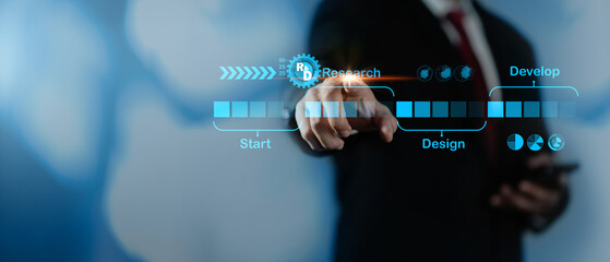 R and D, Research and Development concept. The businessman pointing to Research and development or R and D to remine new product development process explains the importance.