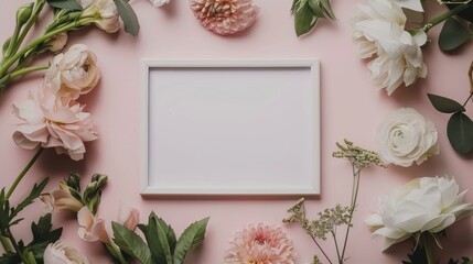 Cute white frame mockup. Empty space template family photo, art picture. Pastel pink table background. Blank place mock up. One photography sample surrounded by flowers and plants. Wedding or birthday
